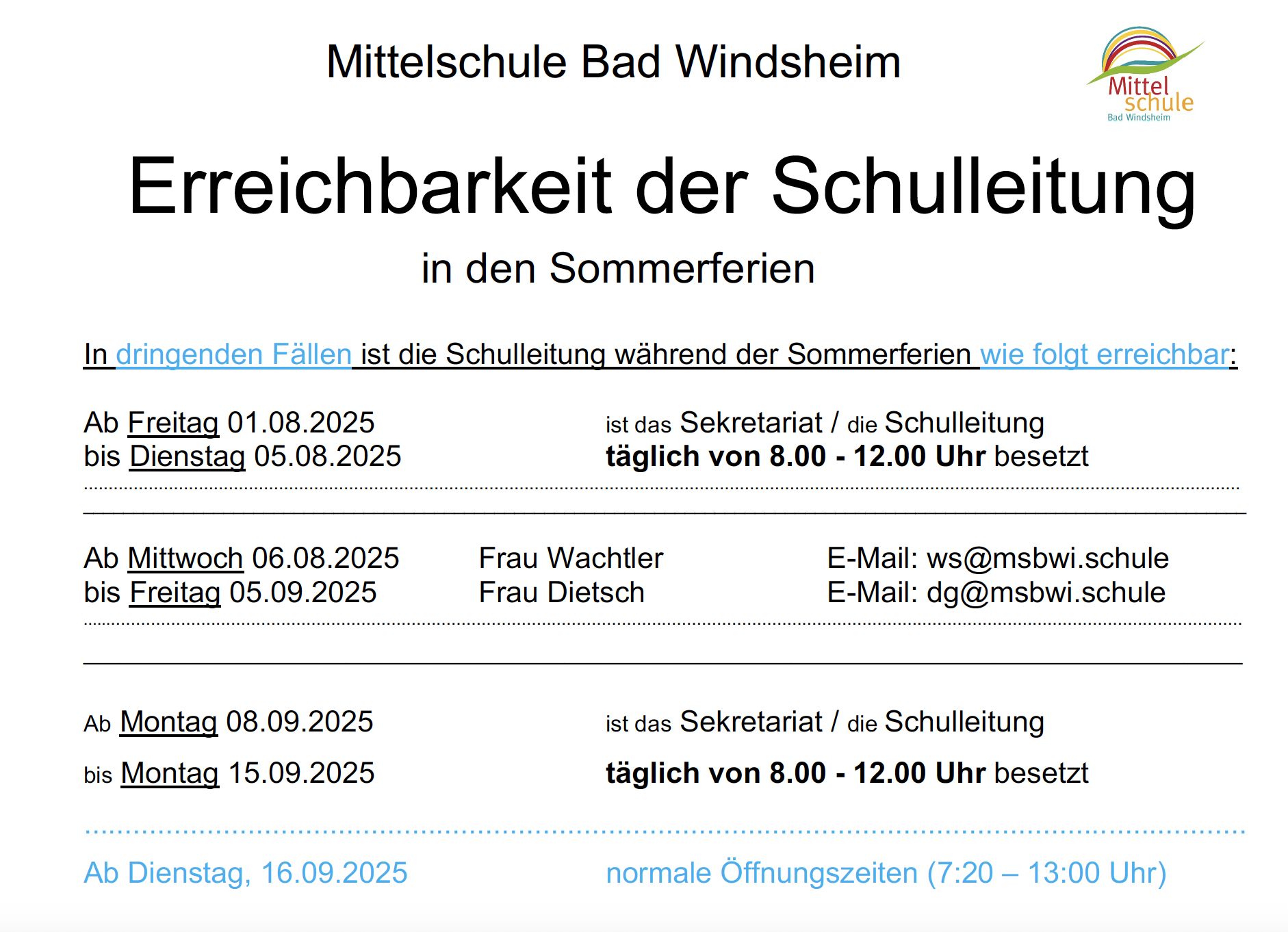 Erreichbarkeit der Schulleitung in den Sommerferien