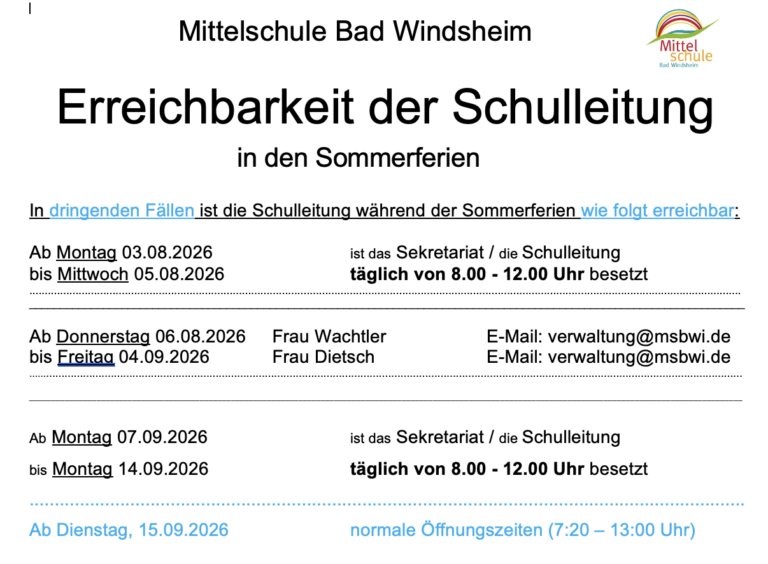 Erreichbarkeit in den Sommerferien